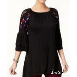 NY Collection Black Solid Blouse Embroidered